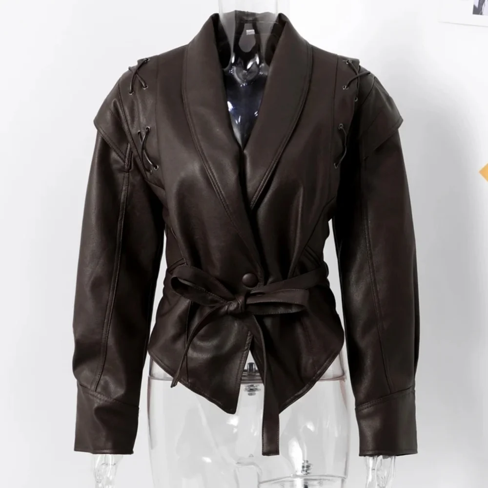 Faux Leather Brown Women Jackets 2024 Belt Lace Up Lapel Female Coat Vintage - Picture 6 of 8